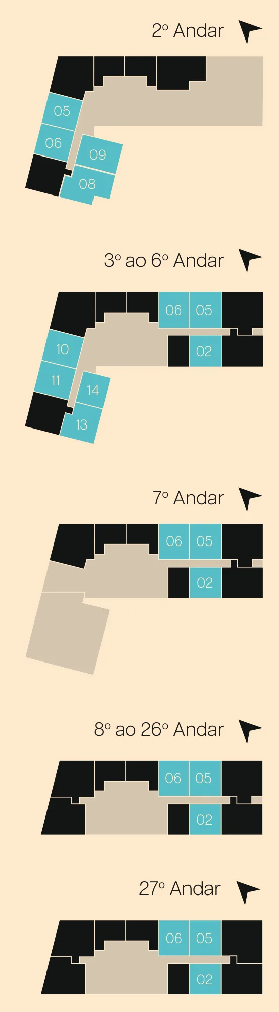 Onde ficam as salas de 48 a 63 m², pavimento a pavimento