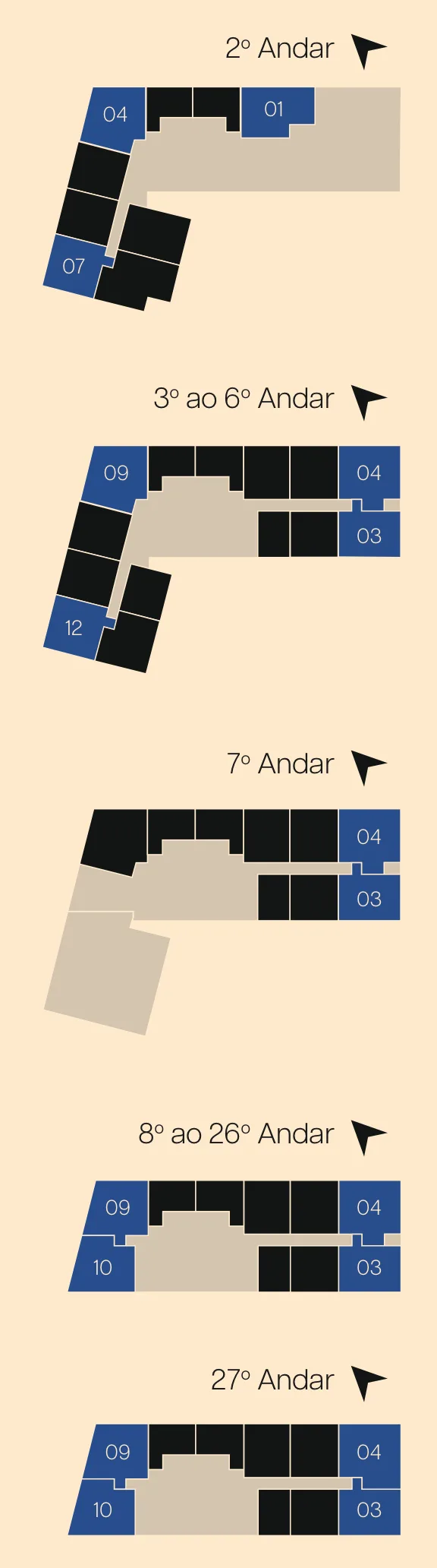 Onde ficam as salas de 70 a 88 m², pavimento a pavimento