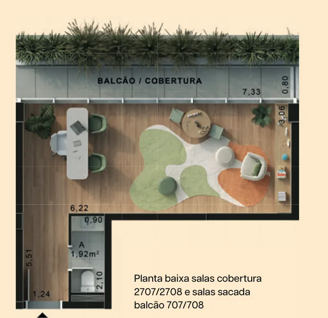 Planta baixa das salas cobertura 2707 e 2708 e das salas sacada balcão 707 e 708