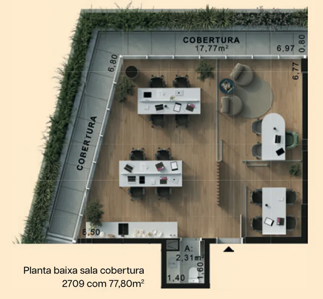 Planta baixa da sala cobertura 2709, com 77,80 m²