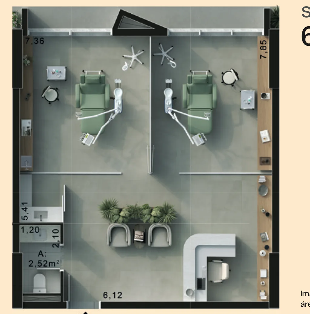 Planta baixa das salas finais 05 e 06, com 63,81 m² e 63,88 m²