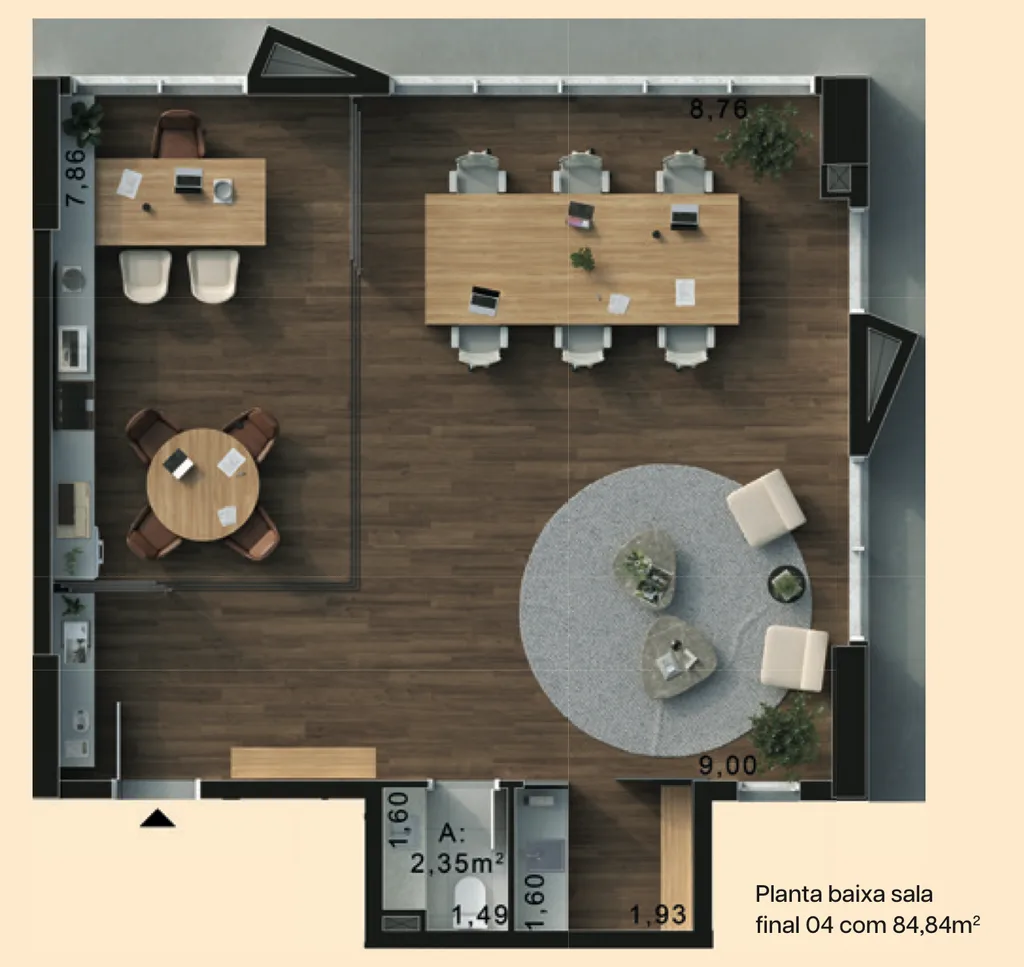 Planta baixa da sala final 04, com 84,84 m²