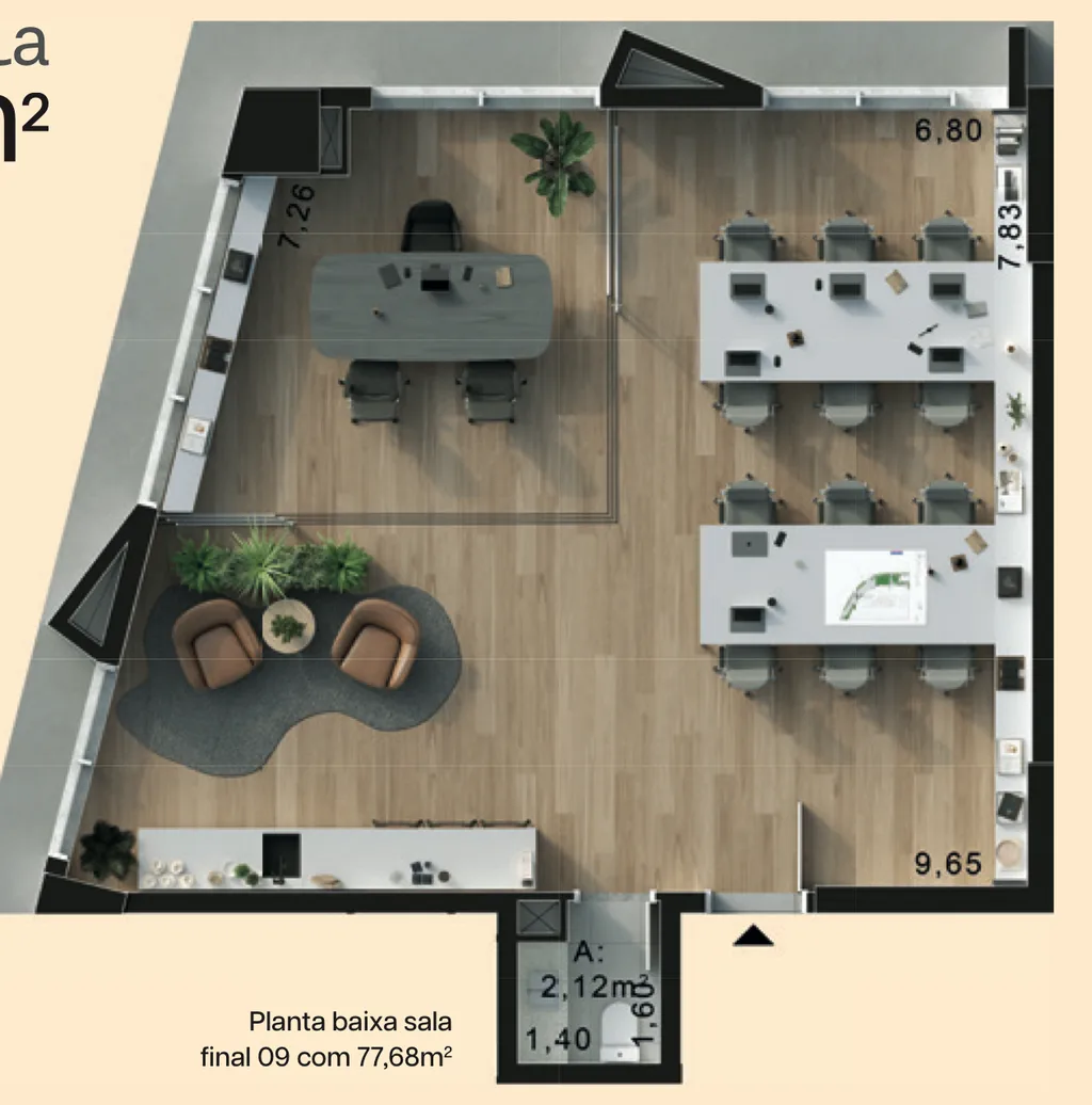 Planta baixa da sala final 09, com 77,68 m²