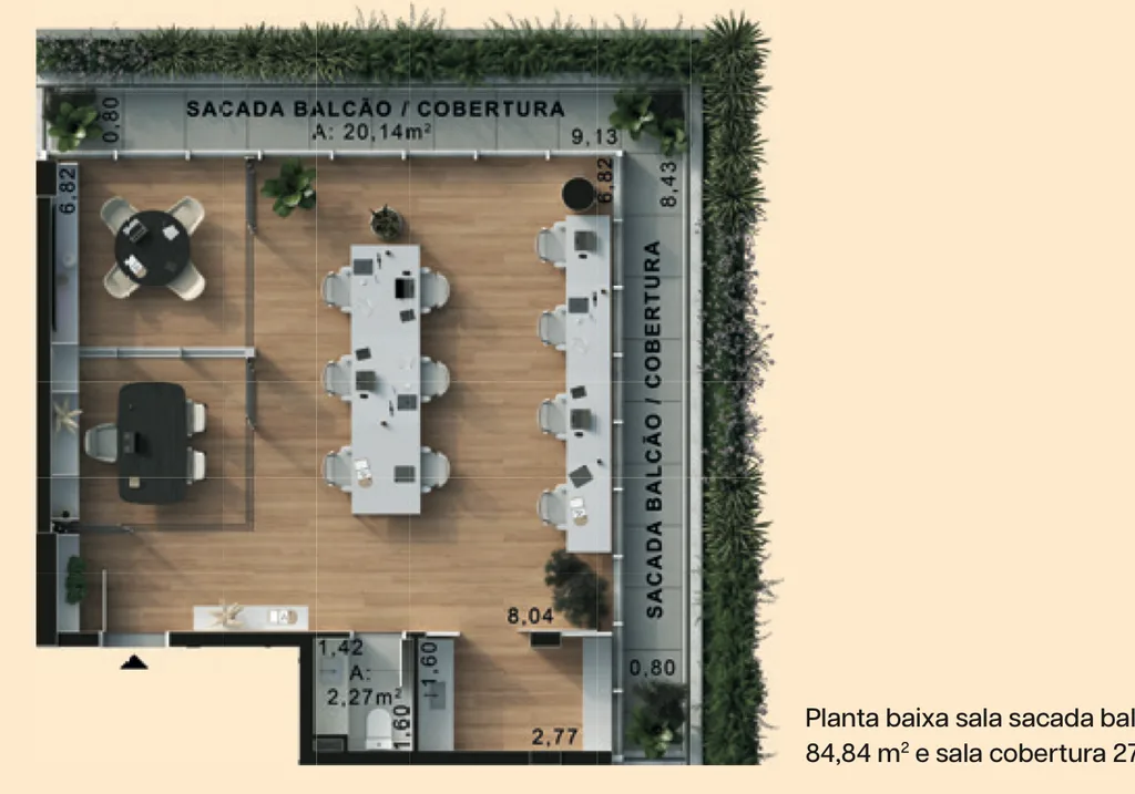 Planta baixa da sala sacada balcão 704, com 84,84 m², e da sala cobertura 2704, com 87,75 m²