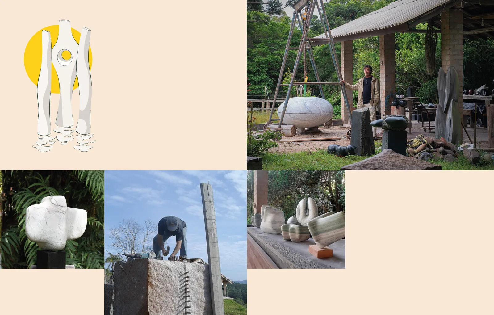 O ateliê do escultor Ricardo Aguiar em cinco recortes: o estudo da obra sobre um círculo amarelo, o artista ao lado de um bloco de pedra suspenso no tripé, peças brancas de formas orgânicas em pedestais e o escultor trabalhando sobre a pedra bruta.