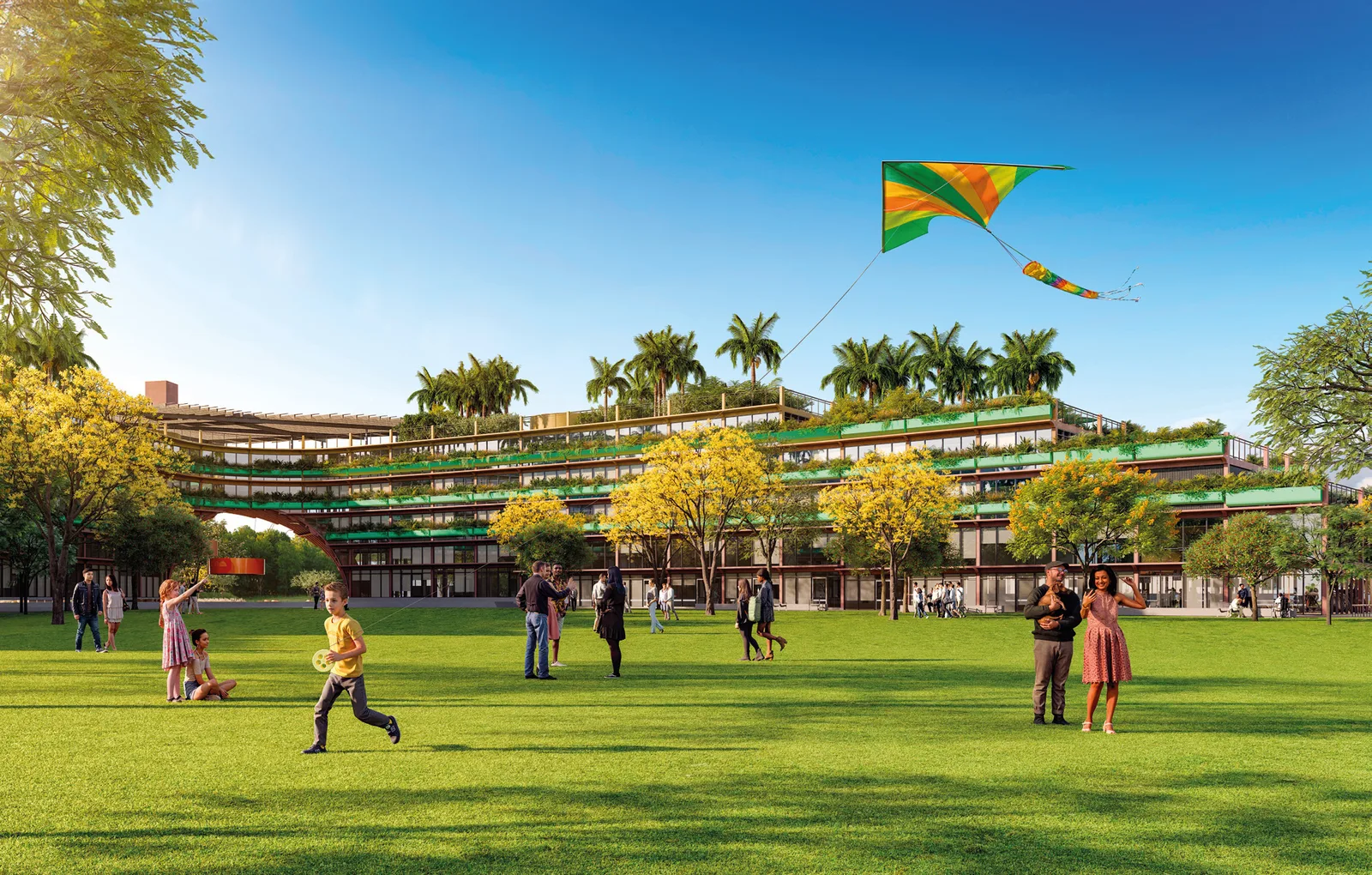 Render do gramado central do Parque Una ao meio-dia: famílias na grama, uma criança empinando pipa e, ao fundo, os edifícios de terraços ajardinados.
