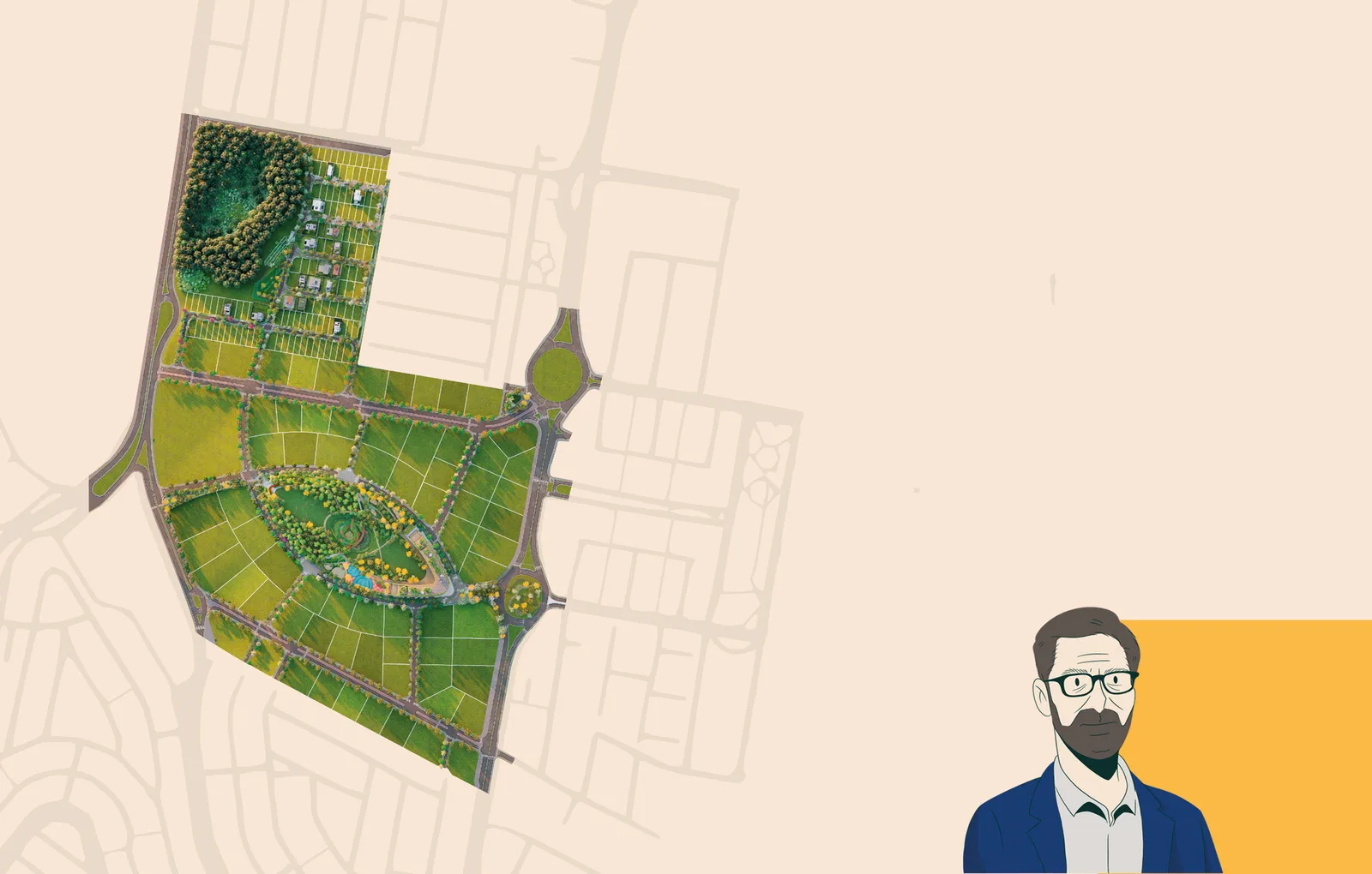 Implantação do Parque Una desenhada sobre o traçado das ruas vizinhas: as quadras verdes, os dois parques e as rotatórias de acesso.