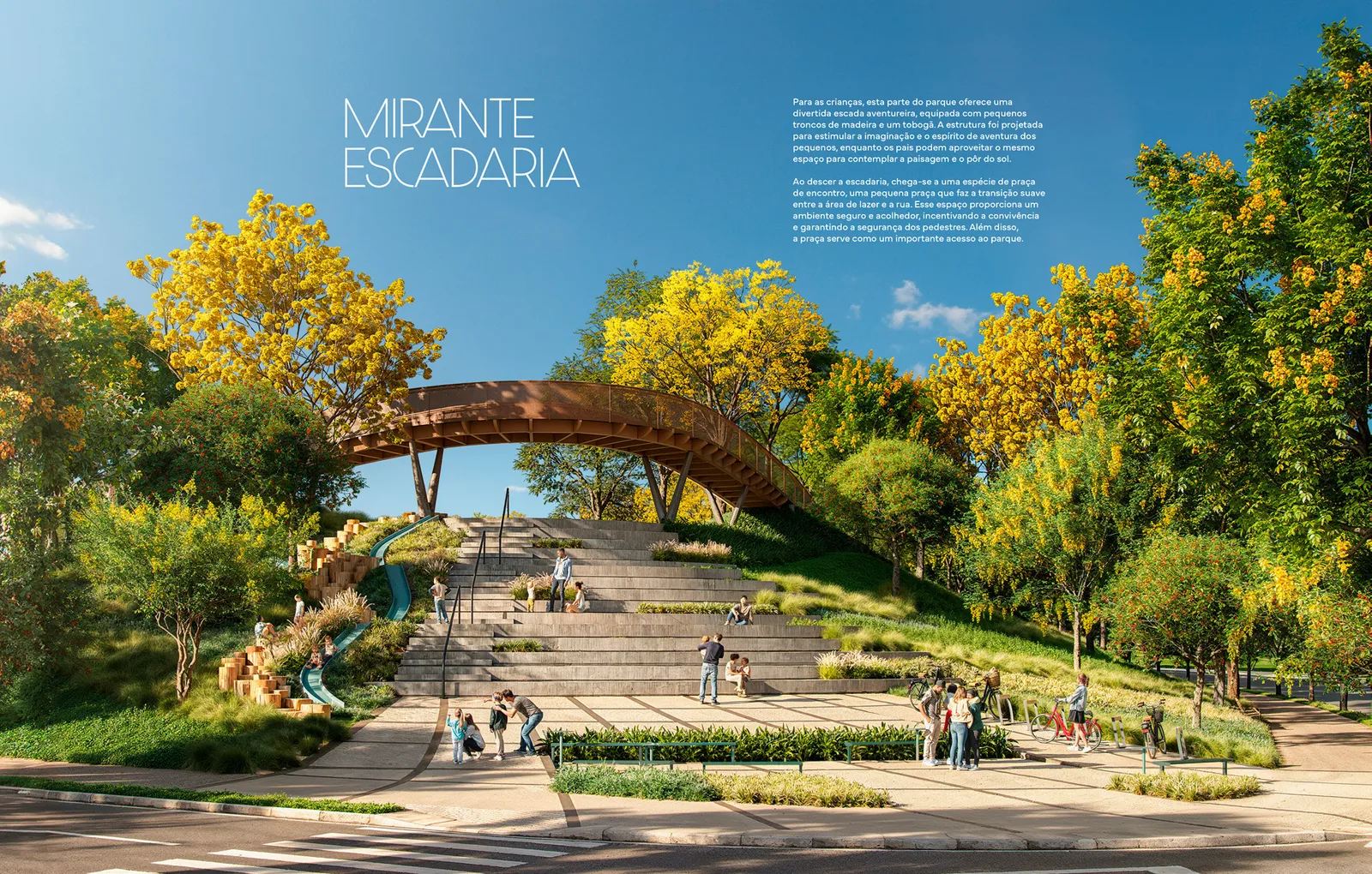 A escadaria do mirante: degraus largos de concreto subindo o talude gramado até a passarela curva de madeira, com escorregadores embutidos na encosta ao lado e famílias na pequena praça ao pé da escada.