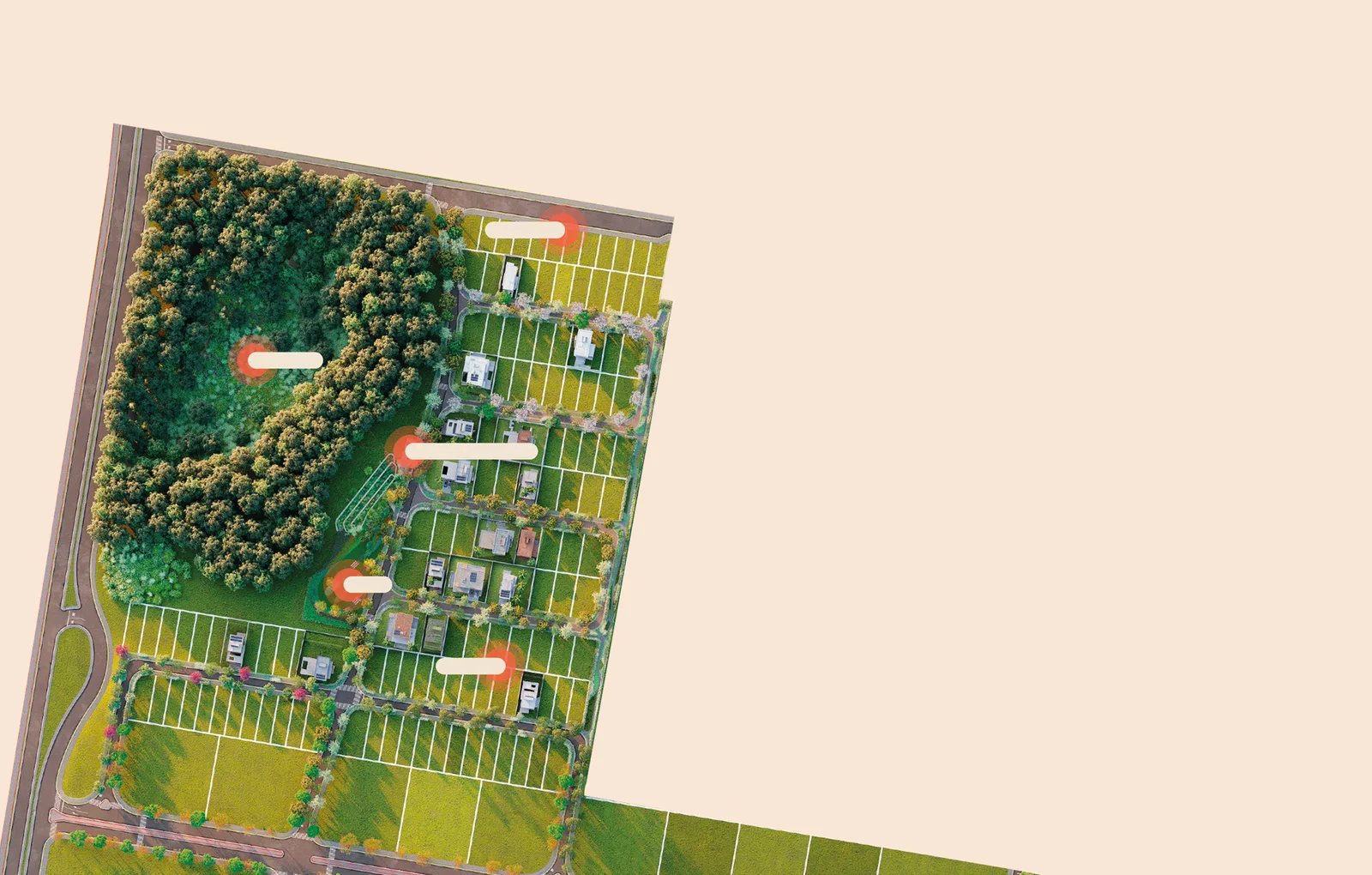 Implantação do Setor da Nascente vista de cima: a mancha do bosque e do banhado à esquerda, as quadras de lotes unifamiliares desenhadas à direita e as casas de referência marcadas entre elas.