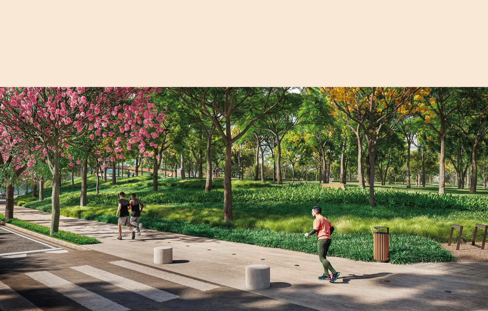 A pista multiuso junto à rua: corredores no piso claro de 3,75 metros de largura, com árvores de floração rosa e amarela e o talude gramado do parque subindo ao fundo.