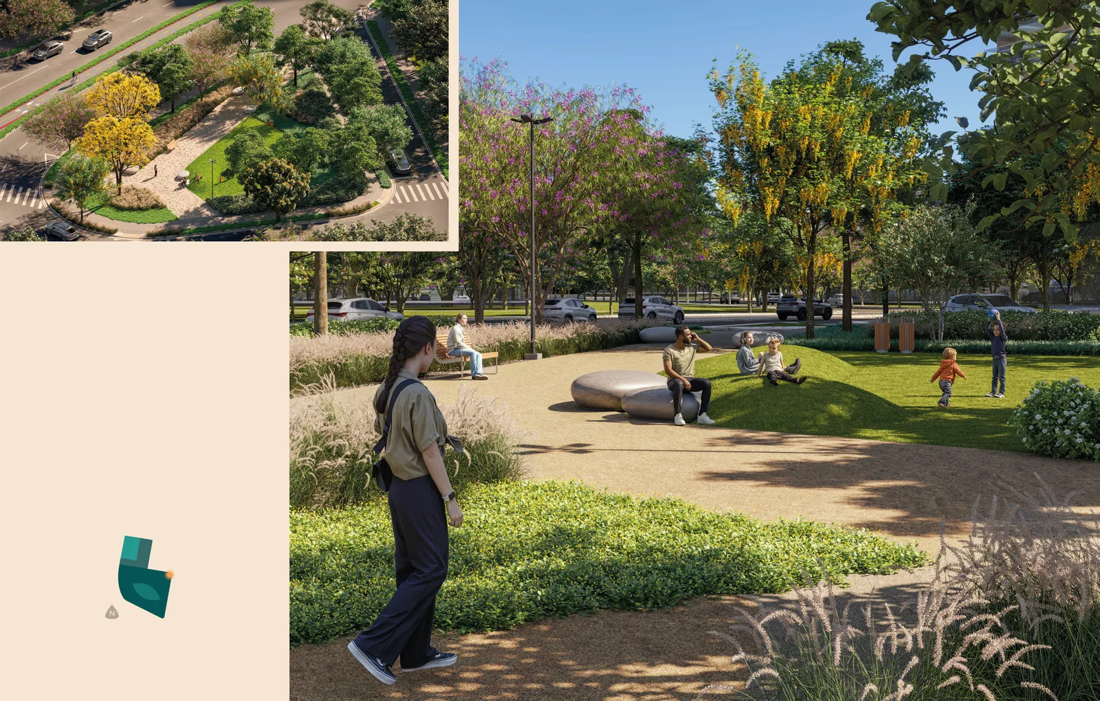 Praça de boas-vindas na esquina com a Cassiano Ricardo, em dois recortes: a vista aérea do canteiro arborizado entre as pistas e, embaixo, os bancos curvos de concreto sobre piso de pedrisco, com gente sentada e uma criança correndo no gramado.