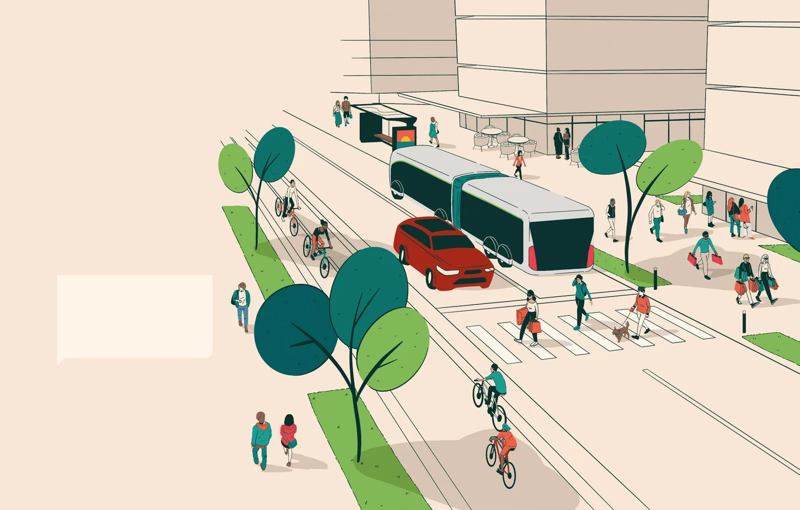 Ilustração do book: rua vista de cima com ônibus e carro na pista, ciclistas na faixa protegida, pedestres na travessia elevada e mesas na calçada em frente às lojas do térreo.