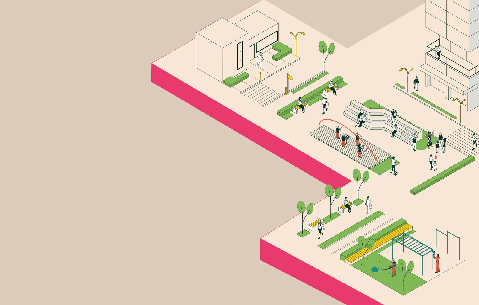 Ilustração do book: a rua vista em perspectiva isométrica, com fachada ativa, travessia, praça e playground ocupados ao mesmo tempo — o desenho que faz o bairro se vigiar sozinho.