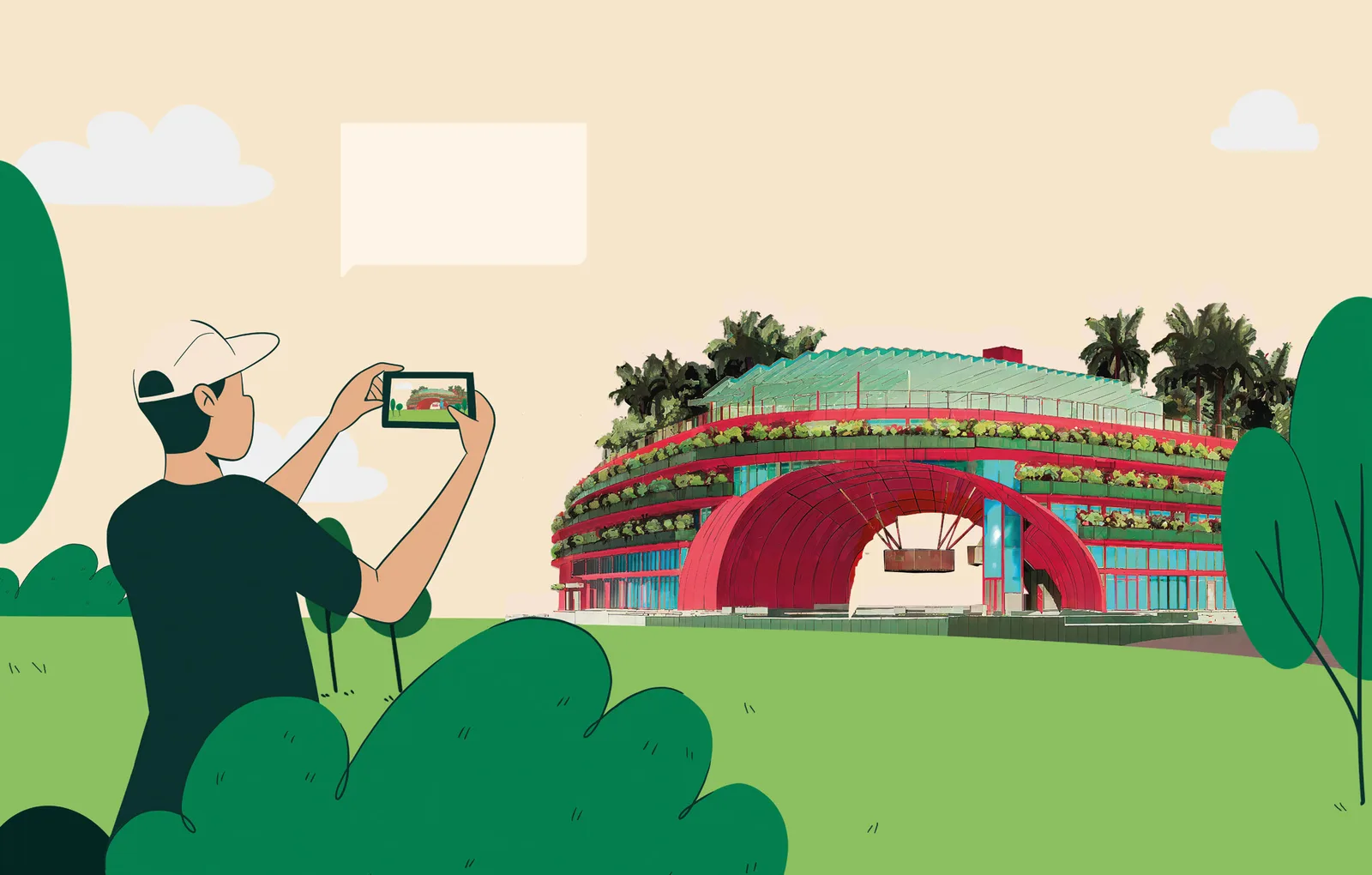 Ilustração do book: um rapaz na grama filmando com o celular a Casa Una, edifício curvo de estrutura vermelha com jardins em todos os pavimentos.