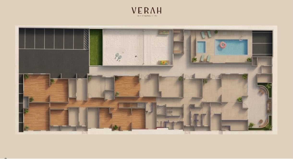 Implantação do pavimento de lazer do Verah vista de cima, com piscina, quadra de beach sports e áreas gramadas