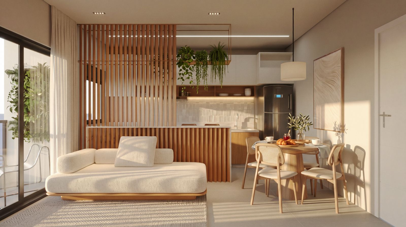 Perspectiva de living de apartamento do Verah: sofá claro, divisória ripada de madeira, cozinha integrada com bancada e mesa de jantar redonda junto à janela