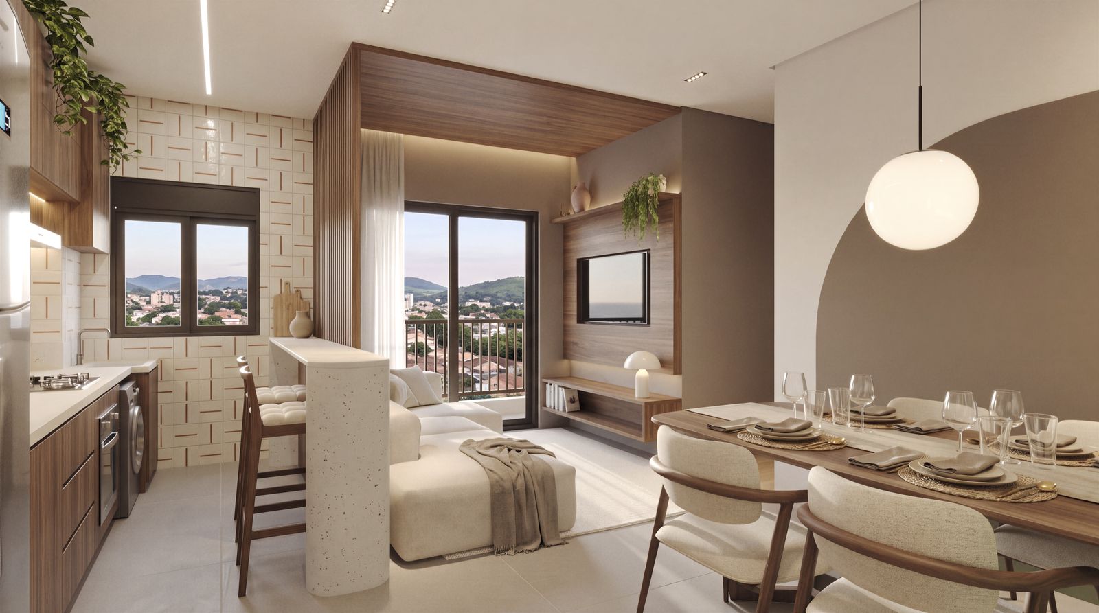 Perspectiva de living de apartamento do Verah: cozinha com bancada, sofá, painel de TV em madeira, mesa de jantar e porta de vidro para a varanda, com morros ao fundo