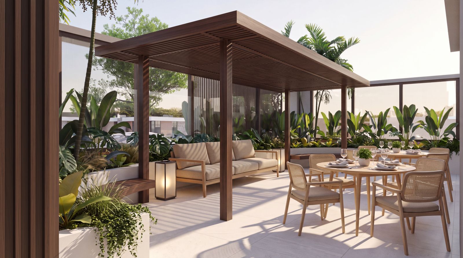 Perspectiva do espaço gourmet externo do Verah sob pergolado de madeira, com sofá, mesa de jantar posta e jardim tropical