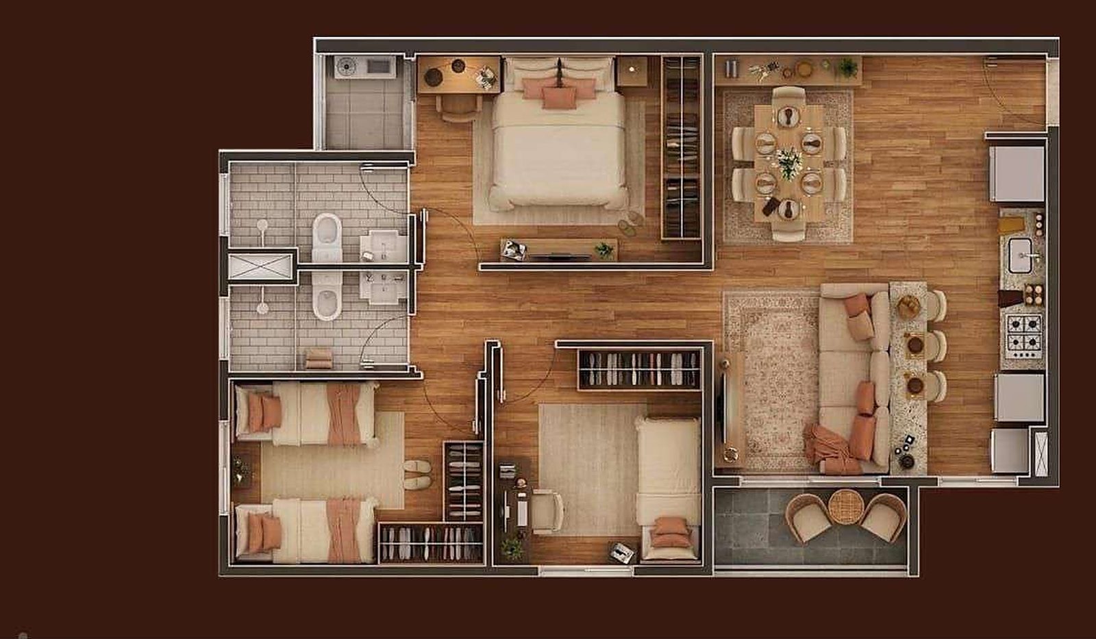 Planta humanizada do Tipo A do Verah, 70 m²: três dormitórios com suíte, living com jantar amplo, cozinha integrada com bancada e varanda