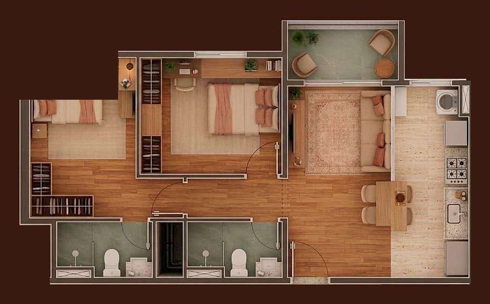 Planta humanizada do Tipo B do Verah, 52 m²: dois dormitórios sendo uma suíte, sala de estar e jantar integrada, cozinha com área de serviço e varanda