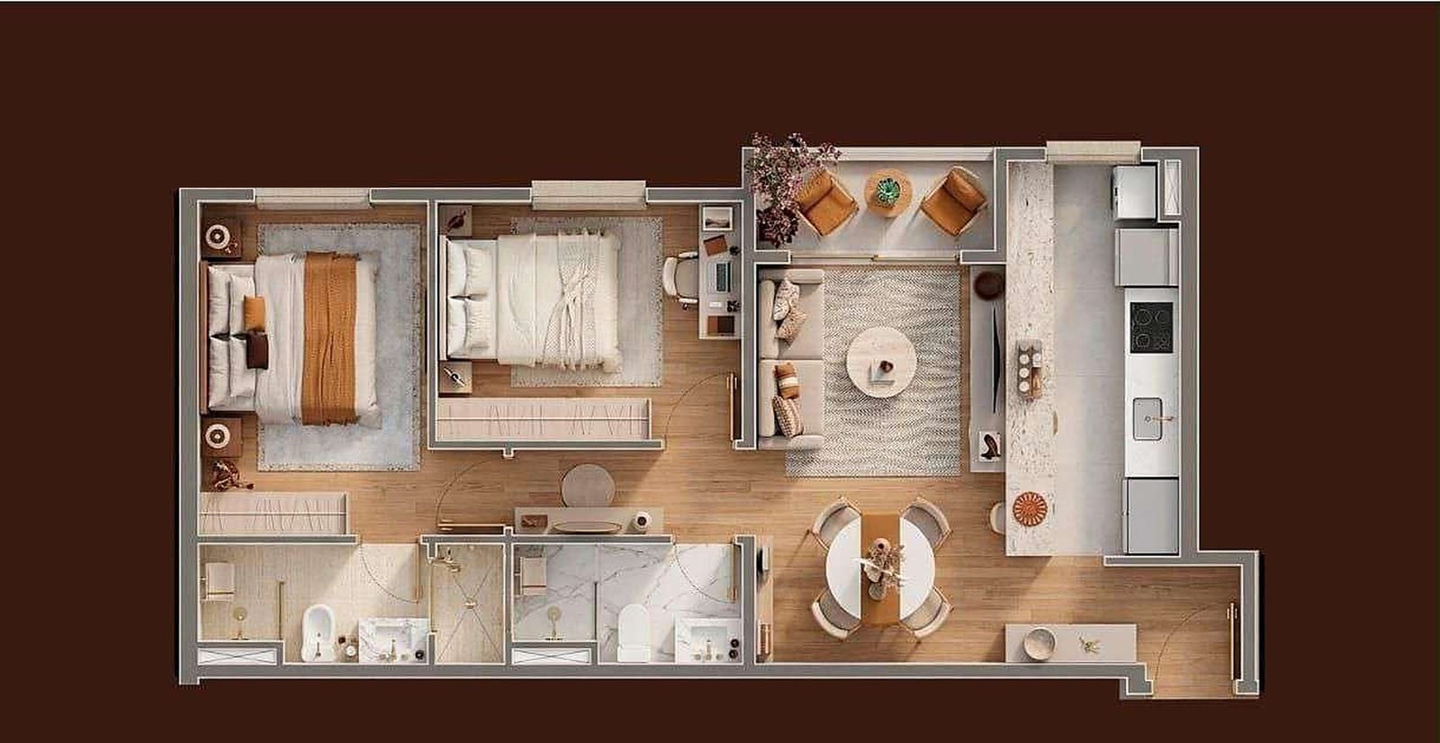 Planta humanizada do Tipo D do Verah, 56 m²: dois dormitórios sendo uma suíte, living integrado à cozinha com bancada americana e varanda